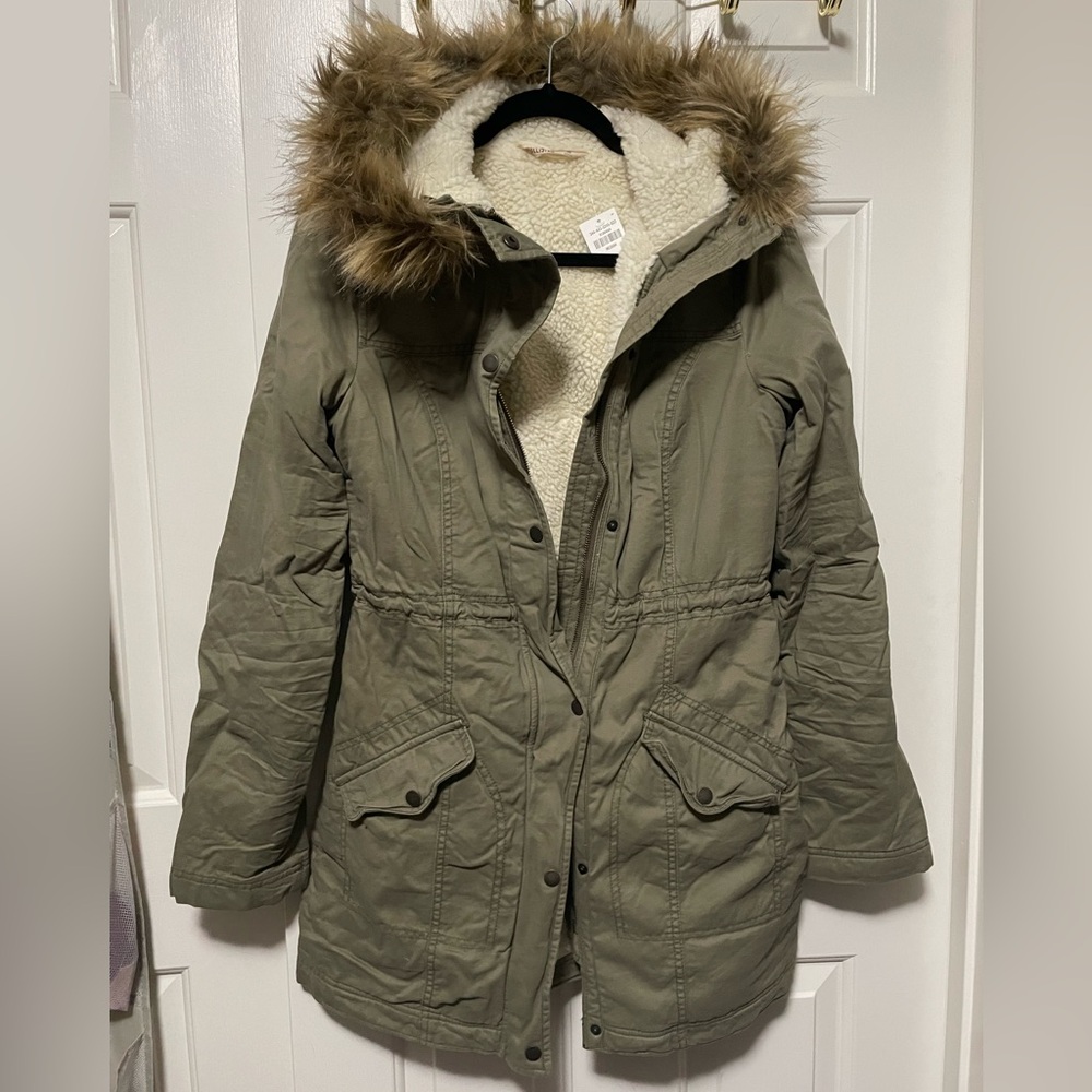 Hollister Khaki Utility Jacket with Faux Fur Trim